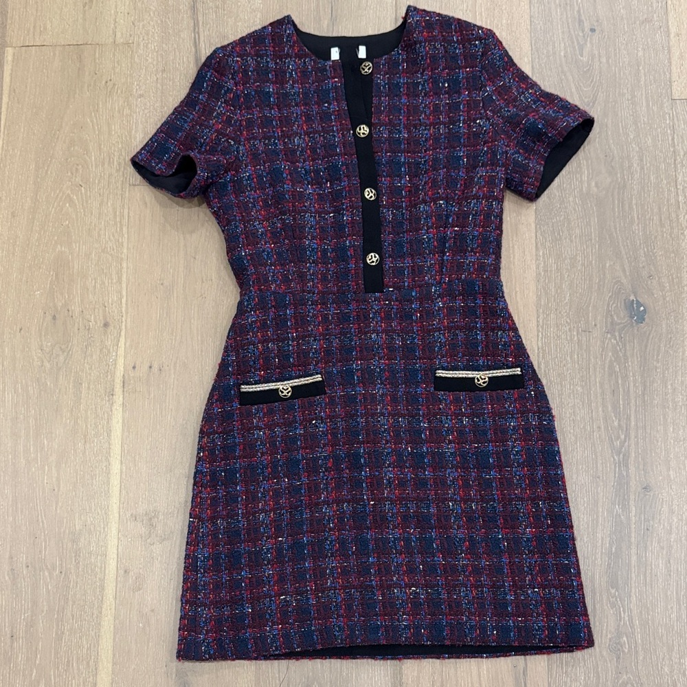 Elegant Plaid Dress with Gold Accents